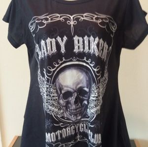 Lady Biker short sleeves.  Skull and lettering emb